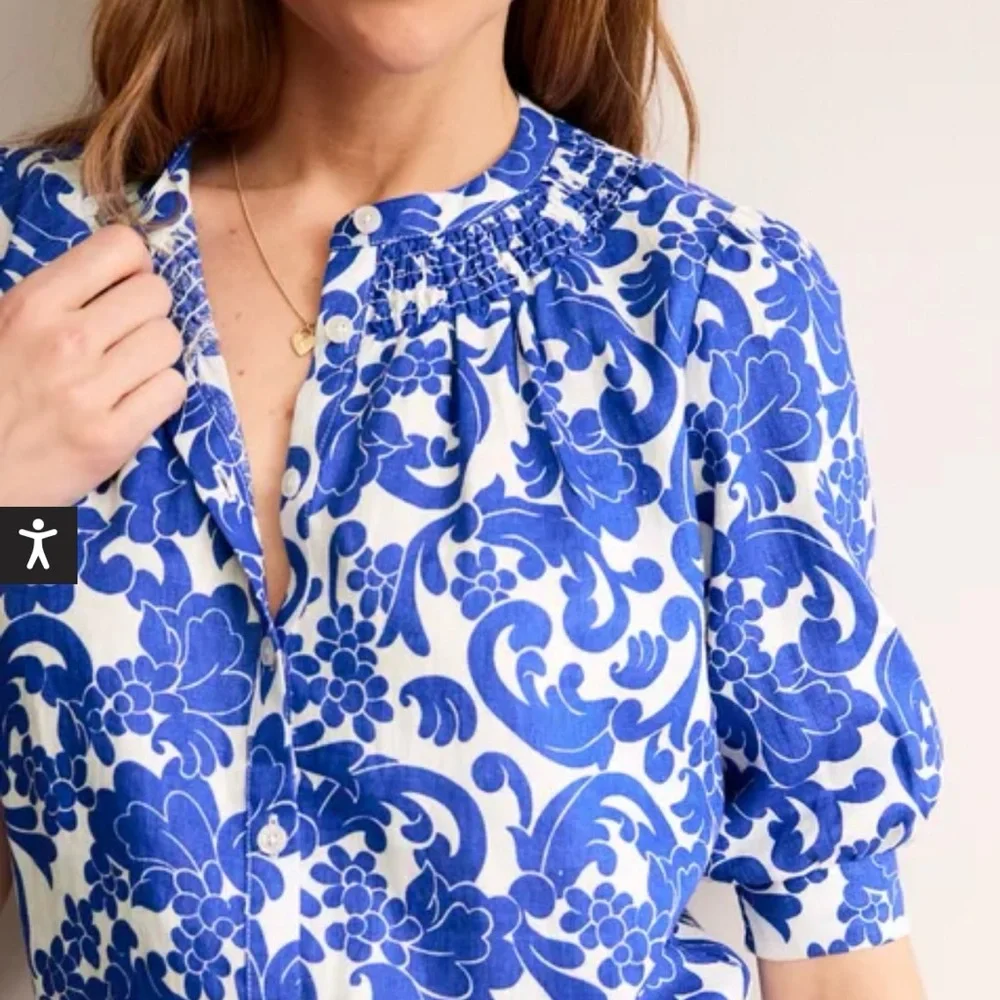 Boden Blue and White Floral Puff-Sleeve Top